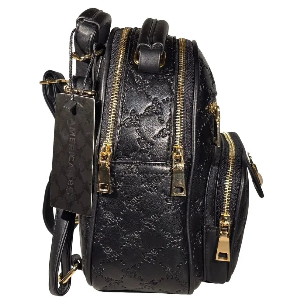 American Bee Mini Backpack Purse Vegan Faux Leather Bee Embossed Black NWT